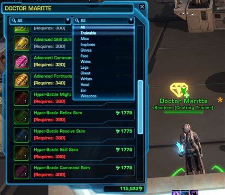 Biochem crafting trainer with the dropdown open