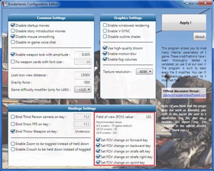 Borderlands Config Tool / Configuration Editor - increase FOV (Field Of View) Borderlands Config Tool / Configuration Editor - increase FOV (Field Of View)