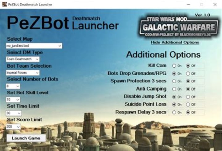 How do I launch Call of Duty 4/PEZBot with bots always enabled?