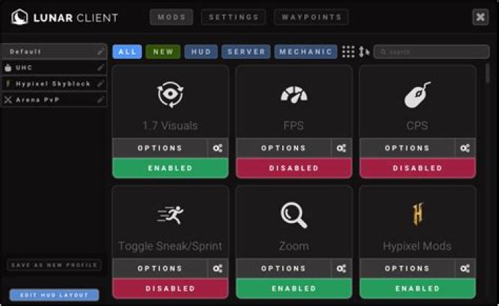 Picture of lunar client versions.