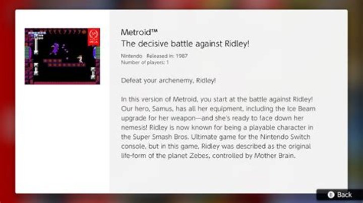Screenshot of Metroid SP information window