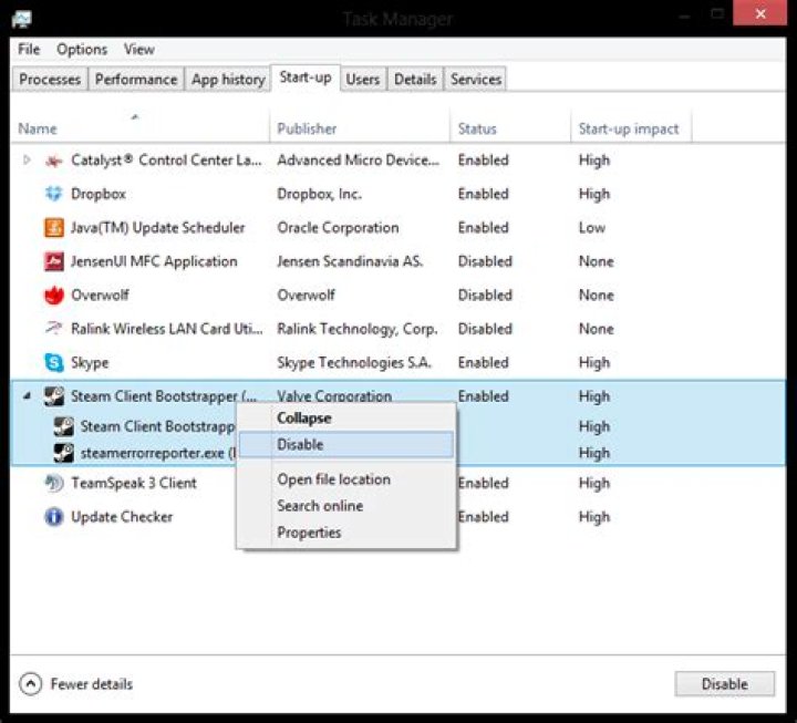 Task Manager. Start-Up. Steam Client Bootstrapper. Disable