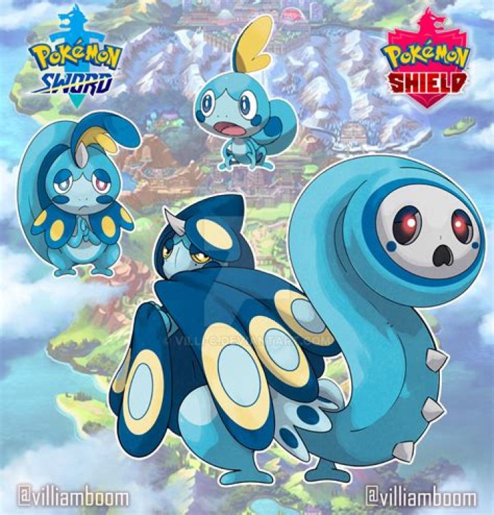 the evolution line of Sobble, who stands on all fours; into Drizzile, who stands hunched on two legs; into Inteleon, who stands leaned back on its tail in a secret agent pose