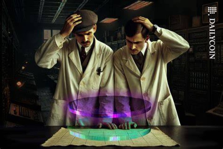 The two scientists after coin flip. Blackboard has only heads results. The two scientists after coin flip. Blackboard has only heads results.