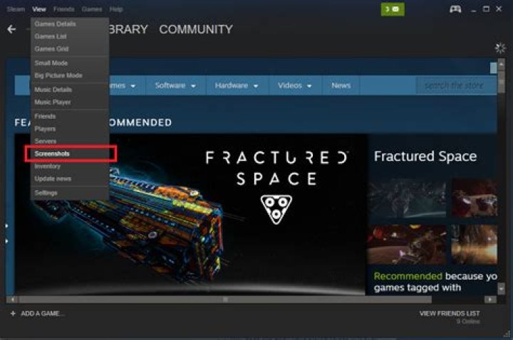 View Menu with Screenshots highlighted