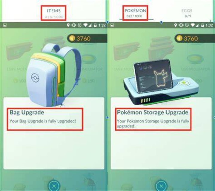 What are the maximum bag space and Pokemon storage? How many upgrades are needed to reach the limits?