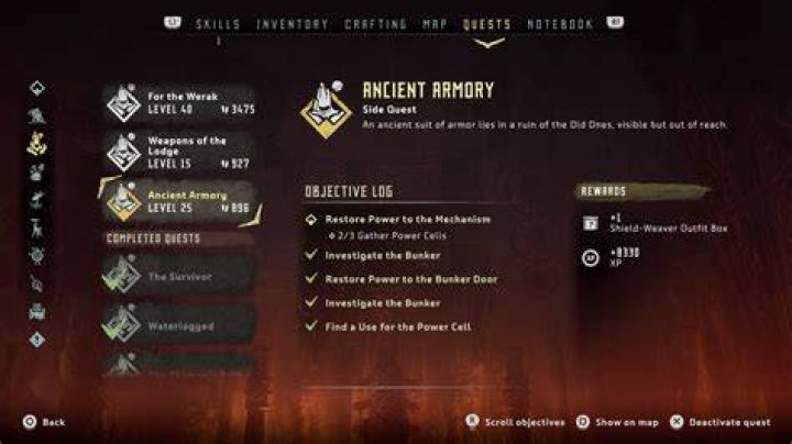 Why are power cells unavailable for the Ancient Armory side quest after finishing the main quest?